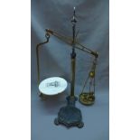 A Victorian set of scales with three brass weights by S. Banfield of Brighton, H.86cm
