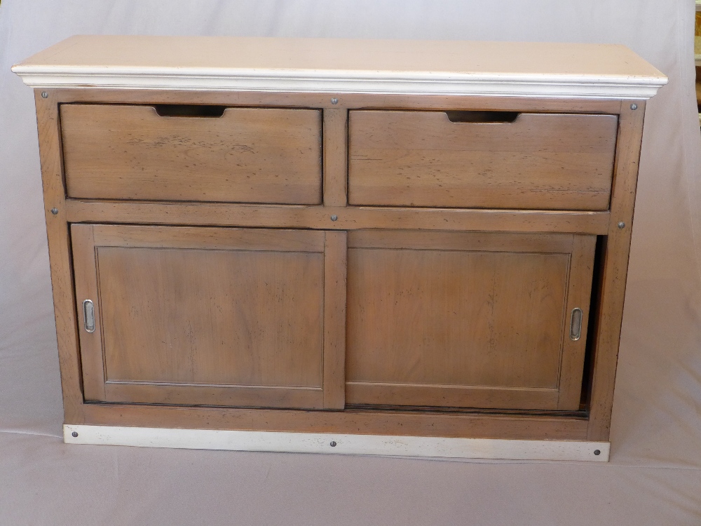 A Roche Bobois sideboard, with two small drawers above slide doors, having ivory coloured top, H.