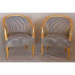 A pair of Biedermeier maple wood tub chairs, with corduroy upholstery, raised on sabre legs