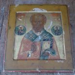 A Russian icon, St Nicholas of Myra, parcel gilded, tempera on wood panel, 31 x 26cm