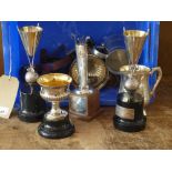 A collection of silver and silver plated trophies, together with a pewter tankard, a silver plated