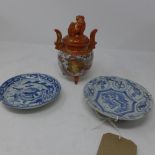 Two 19th century Chinese blue and white dishes, together with a 19th century Japanese kutani koro