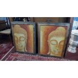 20th century South East Asian school, two Buddha heads, oil on canvas, signed, 70 x 49cm (2)