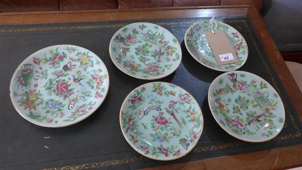 Five late 19th century Chinese celadon plates, decorated with flowers and butterflies, (5)