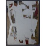 A large abstract form painting, signed R.M. lower right and verso, 122 x 89cm