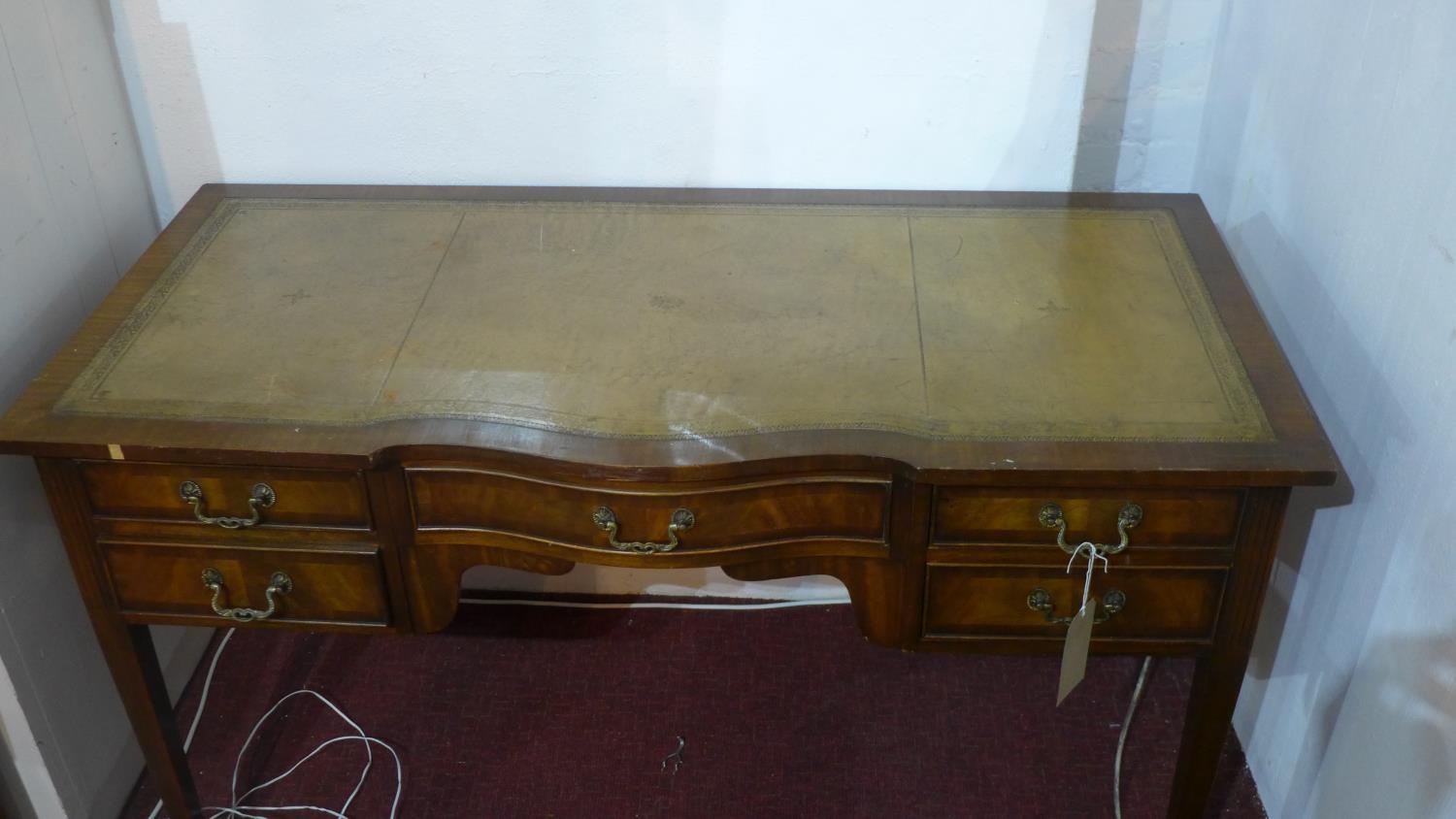 A mid 20th century ladies mahogany bow breakfront writing table, leather skiver, five drawers, two - Image 2 of 5