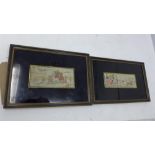 Two 19th century embroideries depicting the London to York stagecoach and a horse drawn fire engine,
