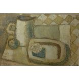 Mid 20th century British School, a still life study of a jug and fruit, oil on board, signed lower