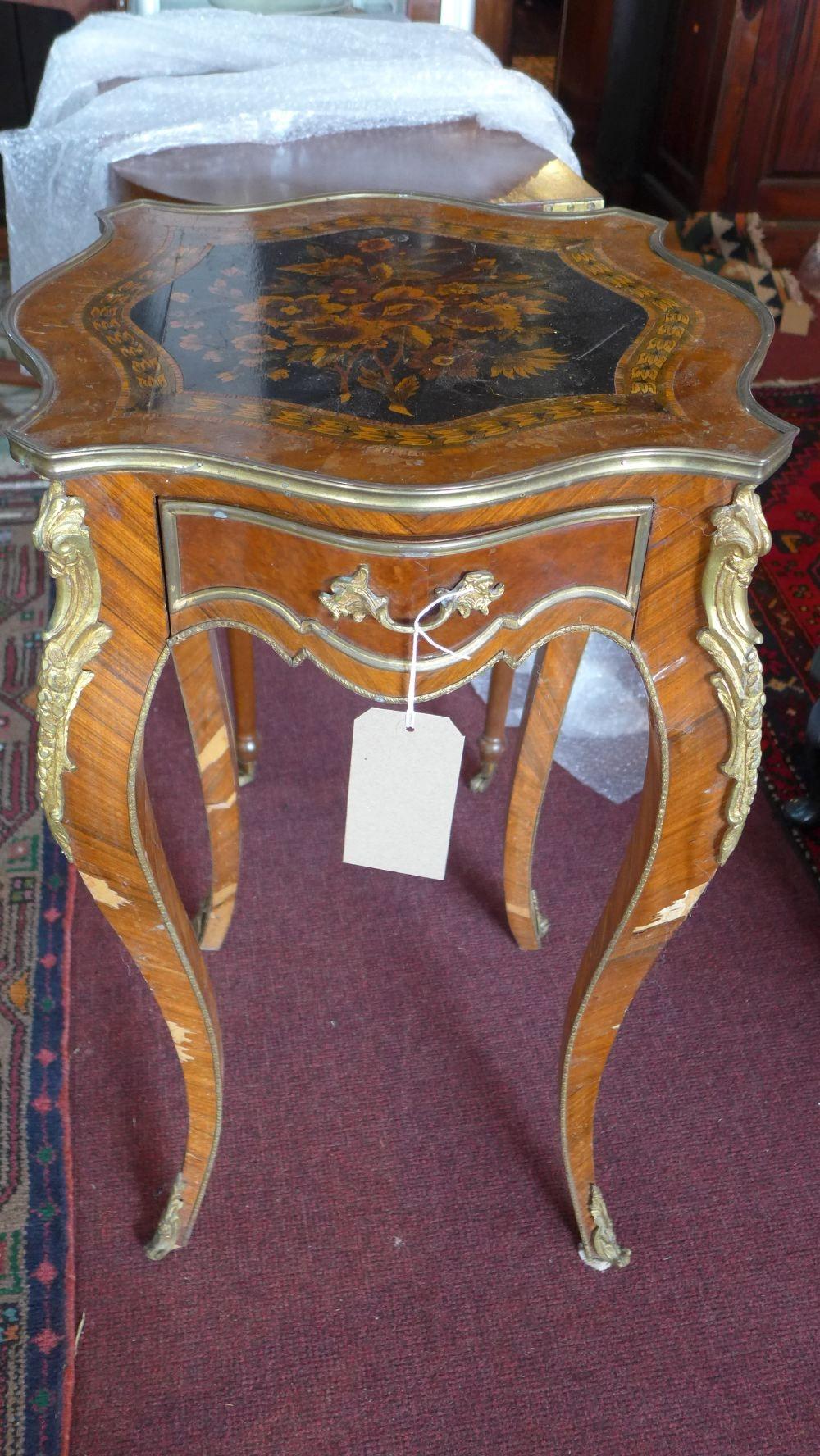 An early 20th century Louis XV style walnut lamp table, with marquetry inlay, having ormolu - Image 3 of 4