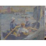 Early 20th century French School, boys rowing a boat, oil on canvas, indistinctly signed lower
