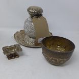 A late 19th century silver and glass ink well, dated 1893, together with an Indian silver bowl