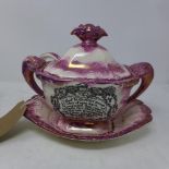 A Sunderland lustre ware Masonic tureen and cover, with ladle and dish, twin scroll handles,