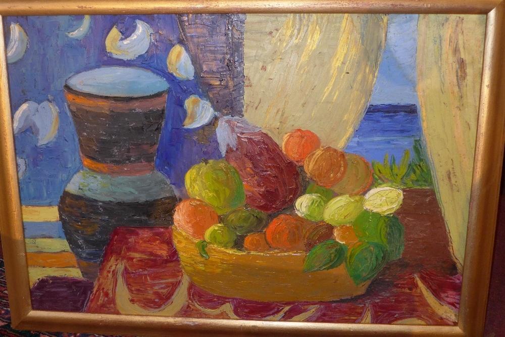 Mid to late 20th century school, Still life study of fruit and a vase, oil on board, in gilt wood