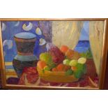 Mid to late 20th century school, Still life study of fruit and a vase, oil on board, in gilt wood