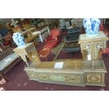 A large and impressive Syrian hardwood mirror frame on stand, with mother of pearl, ebony and