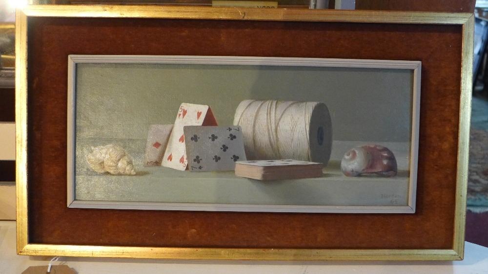 Gerald Norden (1912-2000), 'Cards, String and Shells', still life, oil on canvas, signed and dated - Image 2 of 3