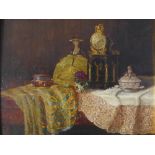 Late 19th century Continental school, Still life of a mantel clock, a doll, a tureen, books and