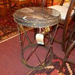 A 20th century Regency style wrought iron lamp table, with marble top and cross arrow supports, H.