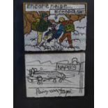 A diptych impasto painting taken from Herge's Tintin, depicting scenes from the comic book,