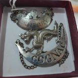 A Hester Bateman style sterling silver sherry decanter label, together with a Hugh Johnson dragon