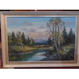 Joseph Fruhmesser, oil on canvas, river and mountain scene, signed, 60 x 90cm