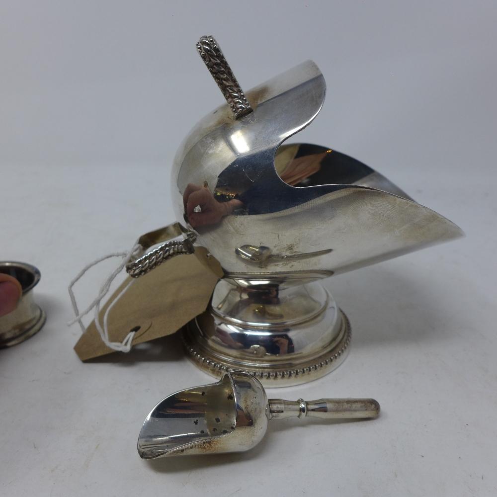 A novelty silver plated sugar bowl, modelled as a coal scuttle, with serving scoop, together with - Image 2 of 2