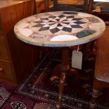 A circular marble specimen table, raised on Georgian base with yew wood supports on tripod legs, H.