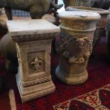 Three assorted reconstituted stone plinths, comprising one with square top and decorated with