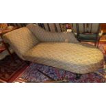 A Victorian mahogany chaise longue, the upholstery with geometric design, on turned legs, H.70 W.165