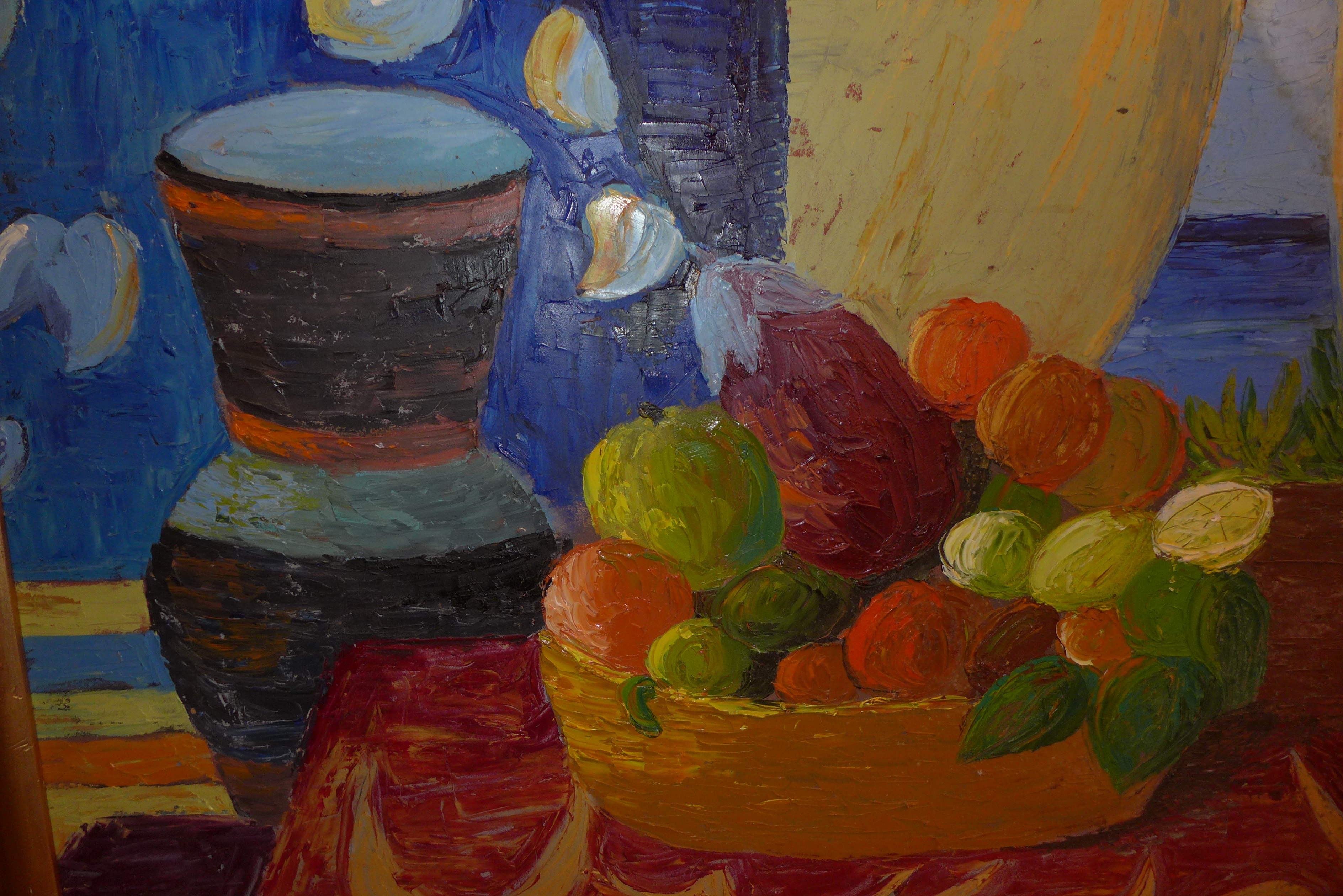 Mid to late 20th century school, Still life study of fruit and a vase, oil on board, in gilt wood - Image 2 of 2