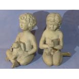 Two gilded cast bronze water fountains in the form of children, one child holding a fish, the