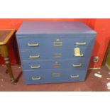 A mid 20th century blue painted plan chest, with four drawers, raised on plinth base, H.86 W.90 D.