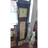A contemporary grandfather clock, with Roman dial, the trunk and base with printed landscape scenes