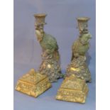 A pair of parrot candlesticks, H.31cm, together with a pair of gilt trinket boxes, with floral