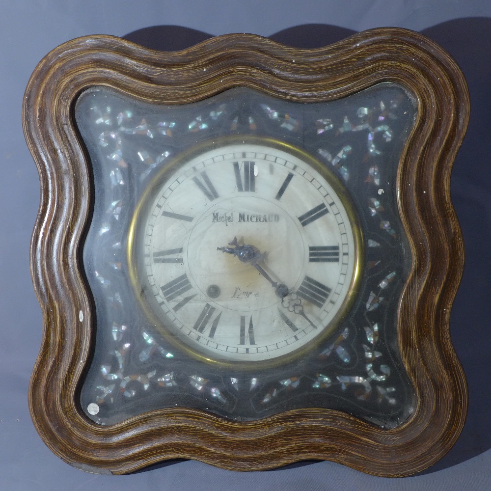 A French oeil de boeuf mother of pearl inset wall clock, the Roman dial signed Michel Michaud, 47