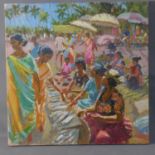 Contemporary oil on canvas of an Indian beach fish market scene, H.50.5cm W.50.5cm