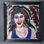 Sheila Benson, contemporary artist, oil on canvas, titled 'Black Eyes', 65 x 60cm
