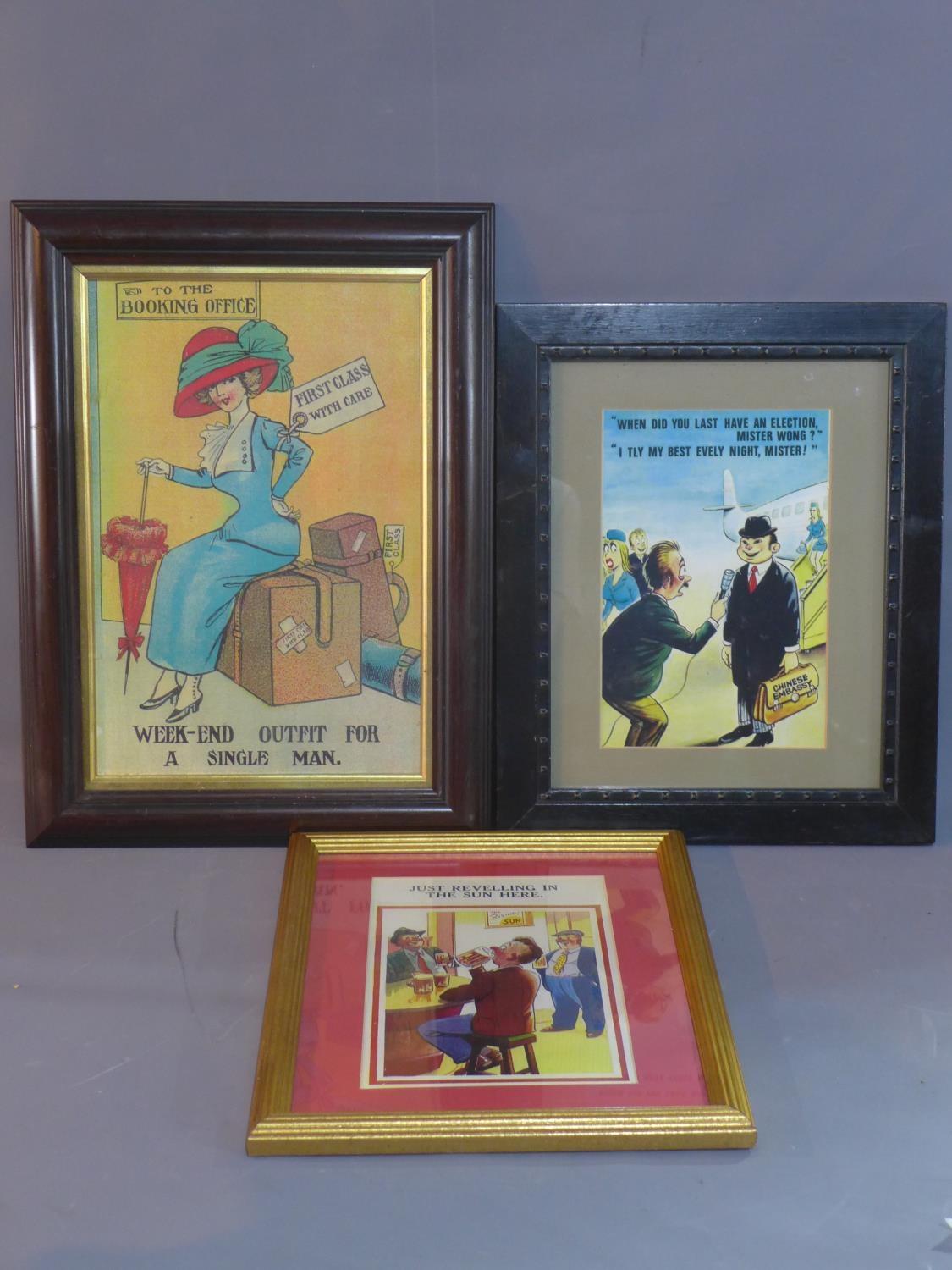 Three framed humorous prints, 39 x 26cm (largest)