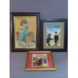 Three framed humorous prints, 39 x 26cm (largest)