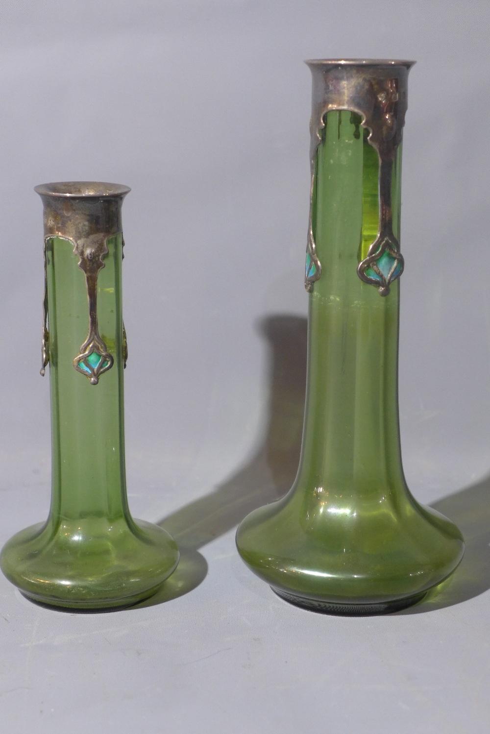 A pair of Art Nouveau Kate Harris green glass tulip vases, having silver collars - Image 2 of 6