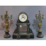 A 19th century French black slate and marble mantel clock, the white enamel Roman dial with