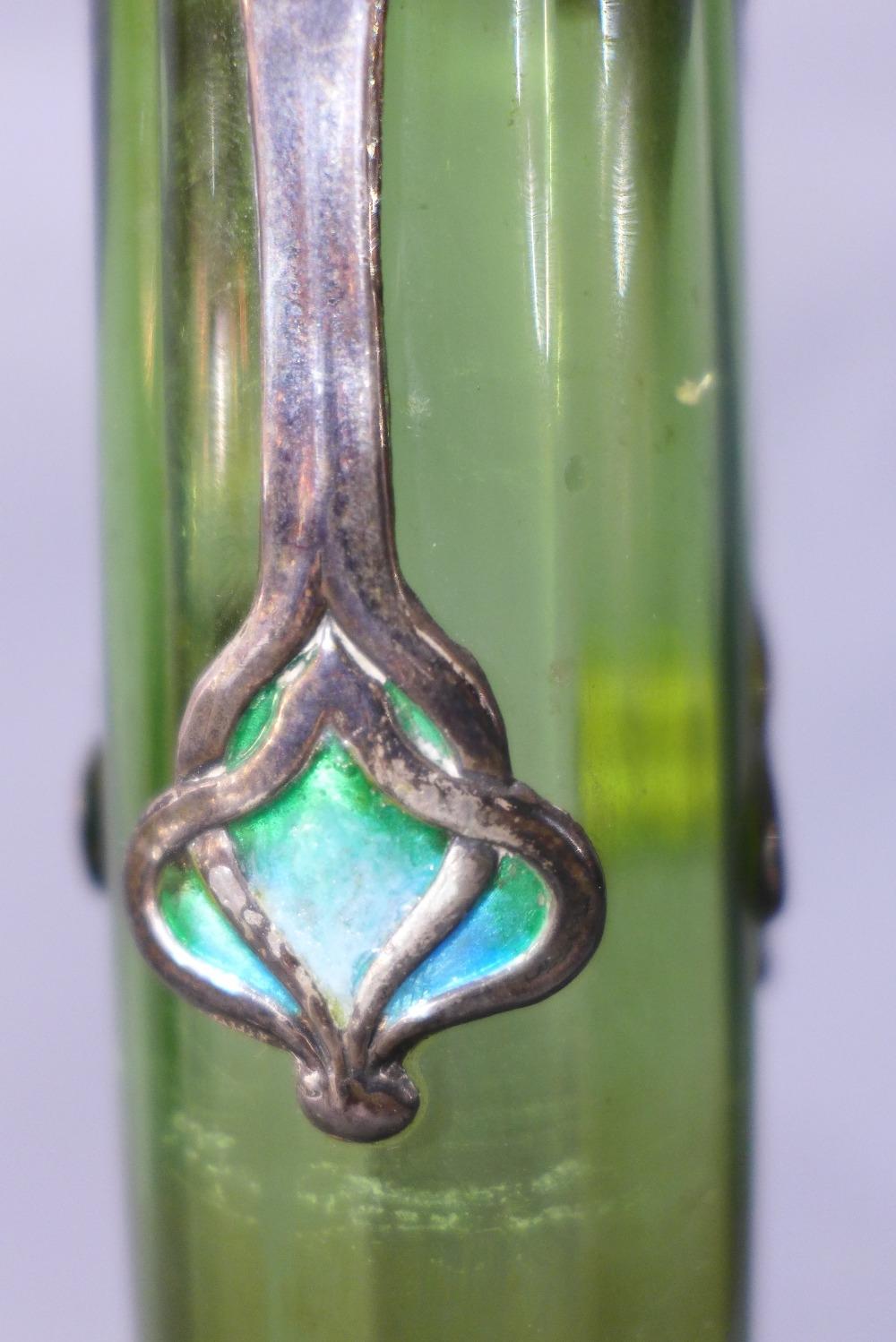 A pair of Art Nouveau Kate Harris green glass tulip vases, having silver collars - Image 4 of 6