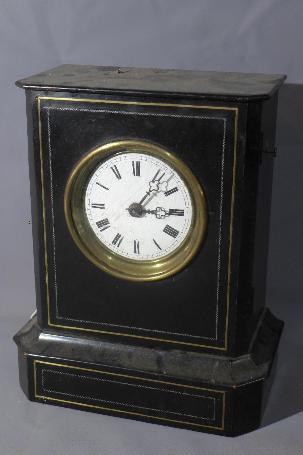 A late 19th century French ebonised mantel clock, Roman dial, two train movement, in brass mounted - Image 2 of 4