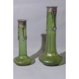A pair of Art Nouveau Kate Harris green glass tulip vases, having silver collars
