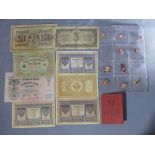 A collection of Russian banknotes, 1898 to 1937, together with a collection of Russian pins, and a