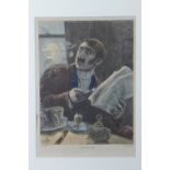 A 19th century hand coloured engraving, comical study of a man eating breakfast, 36x25cm