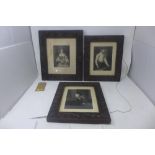 Three 19th century oak frames, carved with scrolling foliage, with portrait engravings, 37 x 32cm