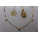 A 9ct yellow gold locket on chain, 9ct gold 'I Love You' pendant necklace and 9ct gold fine bracelet