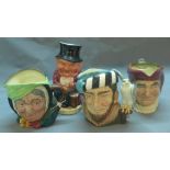 Three Royal Doulton character jugs, 'Falconer', 'Sairey Gamp', 'Simon Cellarer', together with a