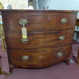 A Regency mahogany bow fronted chest of three long drawers, H.85 W.95 D.55cm, in worn condition with